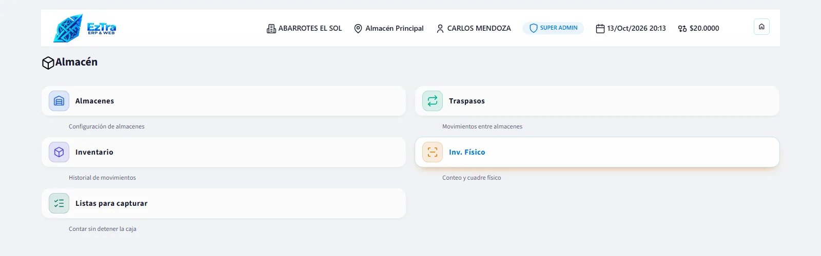 Almacén de EzTra: almacenes, traspasos, inventario e inventario físico