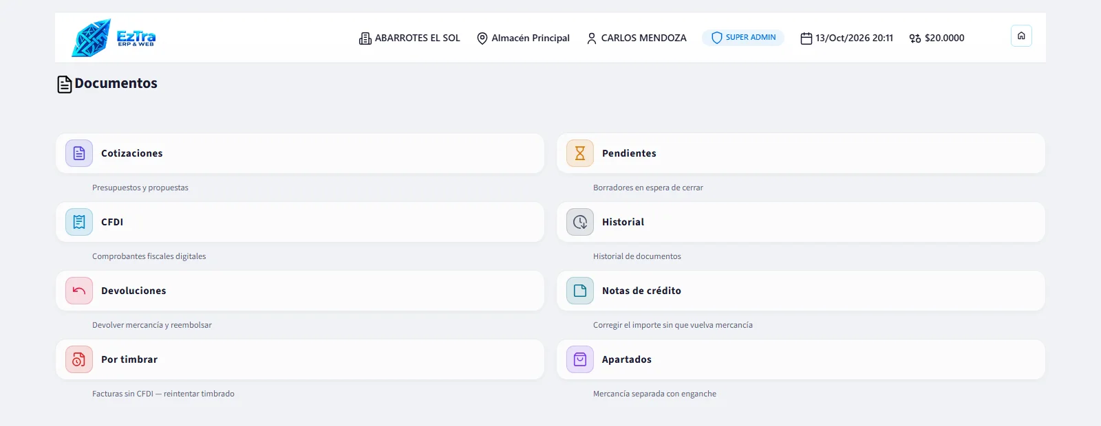 Documentos de EzTra: cotizaciones, CFDI, devoluciones, notas de crédito y apartados