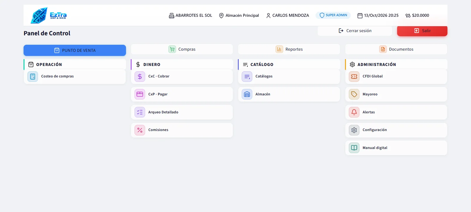 Panel de Control de EzTra con accesos a punto de venta, compras, reportes, documentos, dinero, catálogo y administración