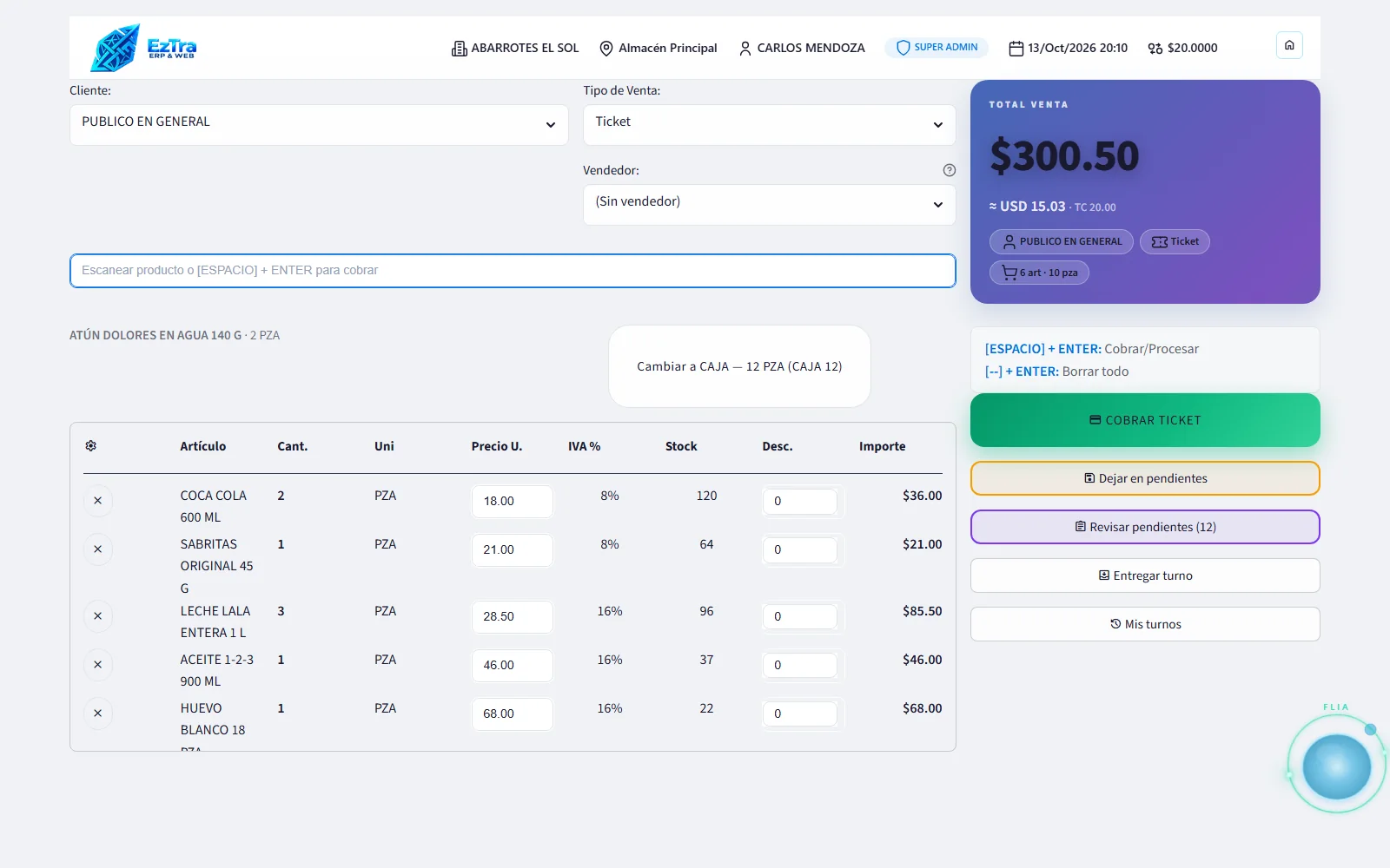 Punto de venta de EzTra con un ticket de seis artículos en curso